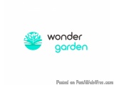 The image is a logo for a company called "wonder garden". The logo is a simple design with a white background and a turquoise...