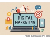 The image is an illustration of a laptop with the words "Digital Marketing" on the screen. The laptop is surrounded by variou...