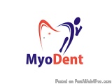 The image is a logo for a dental clinic called MyoDent. The logo is a combination of a red and blue color scheme. In the cent...