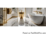 The image shows a modern bathroom with a luxurious and elegant design. The floor is made of white marble with a glossy finish...