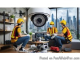 The image shows three construction workers wearing yellow hard hats and safety vests, sitting on a couch in a room with a lar...