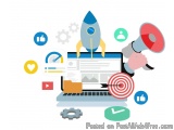 The image is an illustration of a laptop with a rocket on top of it. The rocket is blue and yellow in color and is flying tow...