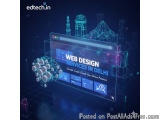 The image is an advertisement for web design services in Delhi, India. The background is dark blue with a futuristic cityscap...