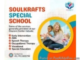 The image is an advertisement for Soulkrafts Special School. It has a blue background with a yellow circle in the center. Ins...