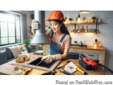 In this image, we can see a young woman wearing an orange hard hat and overalls, working in a kitchen. She is holding a black...