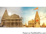The image is a photograph of a Hindu temple in India. The temple is made of stone and has multiple levels with intricate carv...