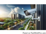 The image shows a security camera mounted on the side of a building. The camera is white and has a round lens. It is mounted...