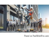 The image shows a group of people standing in front of a modern building with a security camera mounted on the side. The secu...