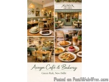 The image is a collage of four photographs of Avaya Cafe & Bakery in Green Park, New Delhi. The first photograph on the top l...