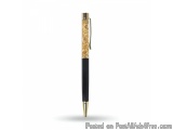 The image is of a pen with a black body and a gold-colored cap. The cap is made of a textured material, possibly wood or a si...