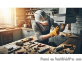 In this image, we can see a man wearing a white hard hat and a gray apron, working in a kitchen. He is holding a white box in...