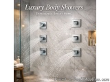 The image shows a luxurious bathroom with a showerhead and a glass door. The showerhead is mounted on a white marble wall and...
