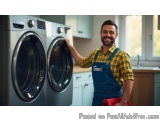 The image shows a young man standing in front of a washing machine in a laundry room. He is wearing a blue apron with the wor...