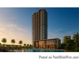 The image is a 3D rendering of a modern high-rise building with a swimming pool in the foreground. The building is tall and h...