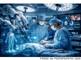 The image shows an operating room in an operating theatre. There are three surgeons in the image, all wearing blue surgical g...