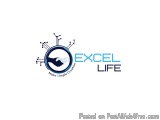 The image is a logo for a company called Excel Life. The logo is a circular design with a blue background and a white circle...