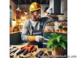 In this image, we can see a young African-American man wearing a yellow hard hat and overalls, working in a kitchen. He is ho...