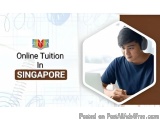 The image is a graphic design for an online tuition in Singapore. It has a white background with a blue and orange gradient....