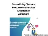 The image is a graphic design that represents the concept of streamlining chemical procurement services with Neshiel Agrochem...