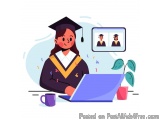 The image shows a young woman wearing a black graduation cap and gown, sitting at a desk with a laptop in front of her. She i...