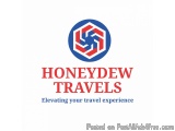 The image is a logo for Honeydew Travels, a travel agency. The logo is a circular shape with a blue background and a red and...