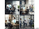 The image is a collage of four photos of a group of people working in an office. The office has a modern and professional des...