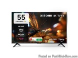 The image is of a Xiaomi 4K TV FX. The TV is shown from the front, with the screen facing towards the right side of the image...