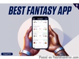 The image shows a pair of hands holding a smartphone with the text "Best Fantasy App" above it. The background is a light blu...