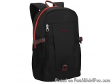 The image is of a black backpack with red accents. The backpack has a large main compartment with a zipper closure and two si...