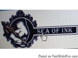 The image is a logo for Sea of Ink. It is a black and white illustration of a hand holding a pen and writing on a piece of pa...