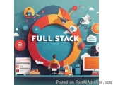 The image is an advertisement for a full stack service. The background is a light blue color with a large orange circle in th...