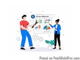 The image shows two people, a man and a woman, standing in front of a large screen with the words "Digital Marketing" written...