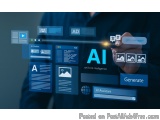 The image shows a person's hand touching a touch screen with the word "AI" on it. The touch screen is filled with various ico...