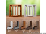 The image shows four different types of windows with different colors and designs. The windows are arranged in a row on a woo...