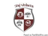 The image is a shield-shaped logo with the text "Raj Vedanta" written above it. The shield is divided into four sections, eac...