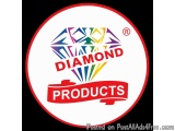 The image is a circular logo for a company called "DIAMOND PRODUCTS". The logo is white with a red border and has a diamond i...