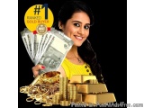 The image is an advertisement for a gold buyer. It features a young woman with long dark hair, wearing a yellow saree, holdin...