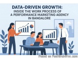 The image shows a group of people in an office setting with a large screen in the background displaying a graph and a bar gra...
