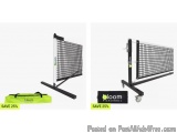 The image shows two images of a portable ping pong table tennis net. The net is black and white in color and is mounted on a...