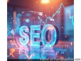The image is a digital illustration of the word "SEO" in the center. The word is written in a futuristic font with a blue and...