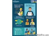 The image is an infographic that explains how to become a certified safety leader in the Gulf Academy of Safety. It has a blu...