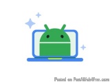 The image is a graphic illustration of a laptop with a green Android logo on the screen. The laptop is blue in color and has...