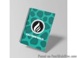 The image is of a spiral-bound notebook with a green cover. The cover has a pattern of small white circles on a teal backgrou...