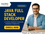 The image is an advertisement for a free demo of Java Full Stack Developer. The background is blue and the text is in white....