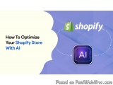 The image is a graphic design that explains how to optimize a Shopify store with AI. It has a purple background with a white...
