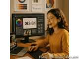 The image shows a young woman sitting at a desk in front of a computer monitor and a laptop. She is wearing a yellow sweater...