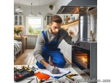 In this image, we can see a young man working in a kitchen. He is wearing a blue dungaree and a gray sweater, and is kneeling...