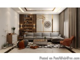 The image shows a modern living room with a minimalist design. The room has a large sectional sofa in the center, with a wood...