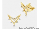 The image shows a pair of gold earrings. The earrings are in the shape of a triangle, with a pointed tip at the top. The tria...