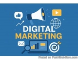 The image is a graphic design that represents digital marketing. It has a blue background with the words "Digital Marketing"...